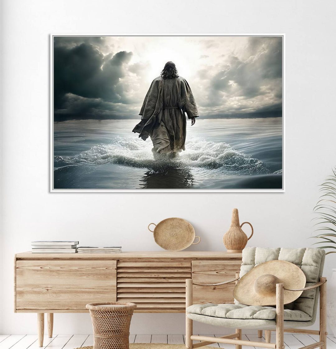 A canvas wall art depicting a figure walking on water beneath dramatic clouds, designed as inspirational religious imagery and ready to hang.