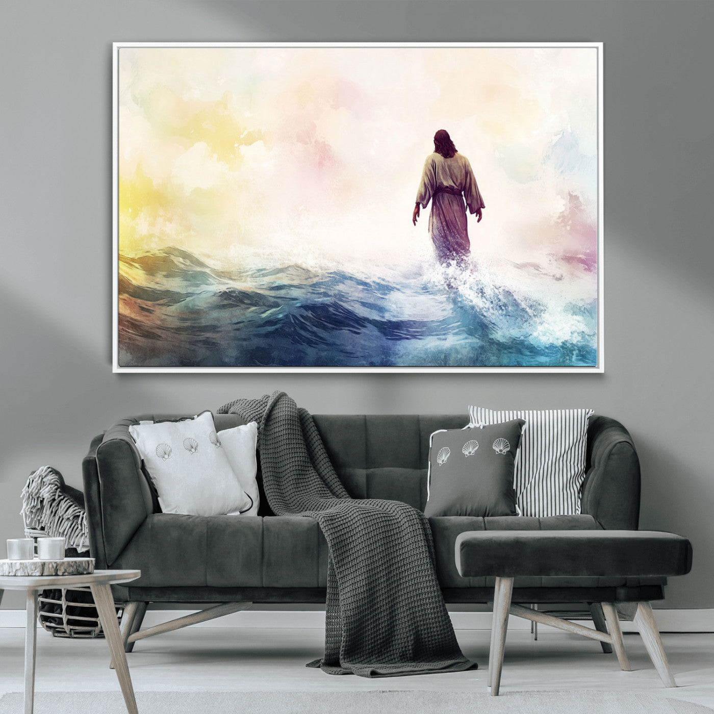 MGV-FC-36X24 - Watercolor Jesus Walking on Water Canvas Print, Christian Wall Art, Jesus Christ Walking