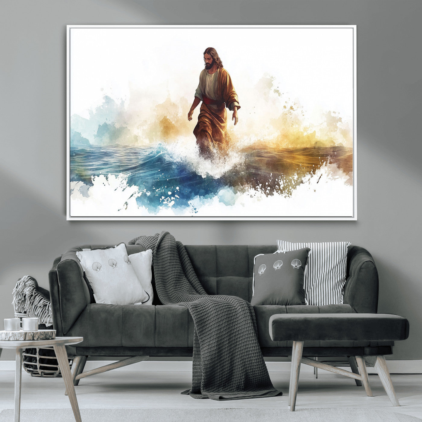 MGV-FC-36X24 - Watercolor Jesus Walking Wall Art Print, Jesus Water Canvas Print, Christian Wall Art, Jesus Christ