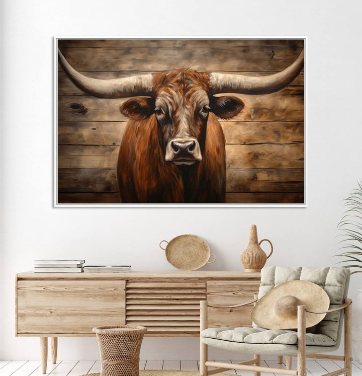 Longhorn Bull Canvas Print: Rustic Farmhouse Decor, Ready to Hang Western Barn Art.