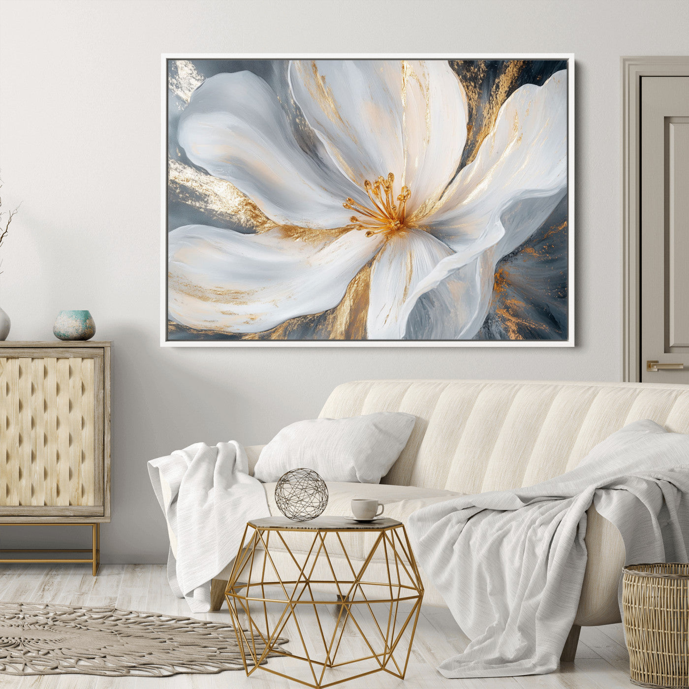 83149-MGV-CV-36X24-White and Gold Floral Canvas Wall Art - Framed and Ready to Hang - Perfect for Modern Living Rooms