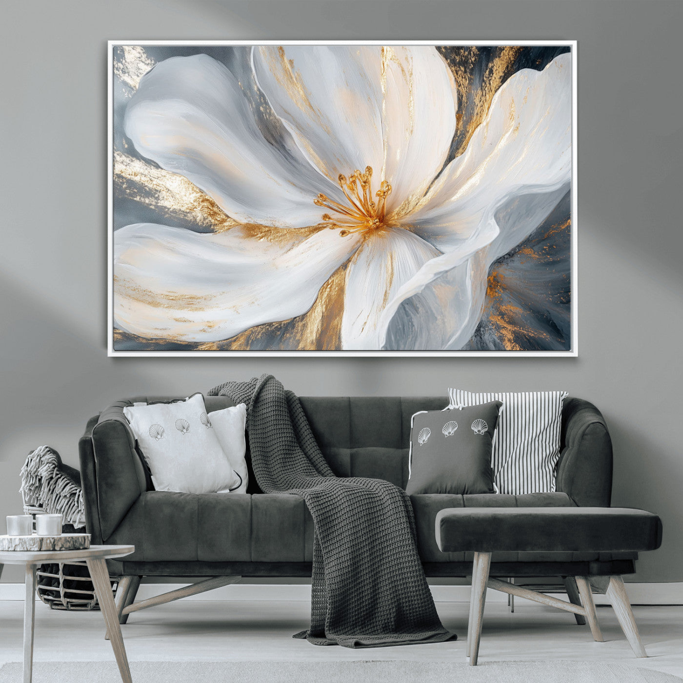 MGV-FC-36X24 - White and Gold Floral Canvas Wall Art - Framed and Ready to Hang - Perfect for Modern Living Rooms