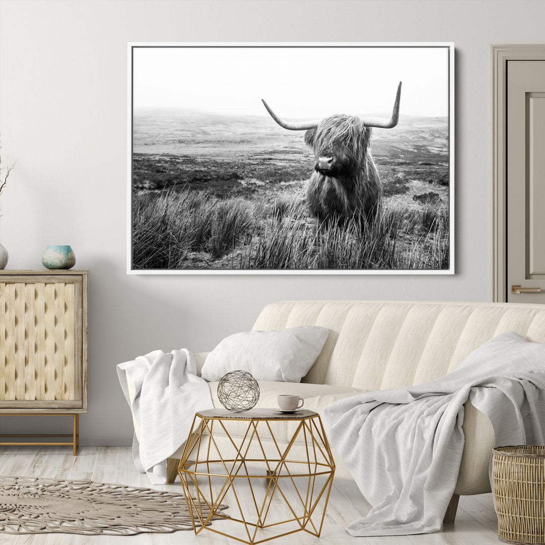 Scottish Highland Cow Wall Art | Black and White Canvas Print | Ready to Hang and Framed | Rustic Farmhouse Wall Decor for Living Room or