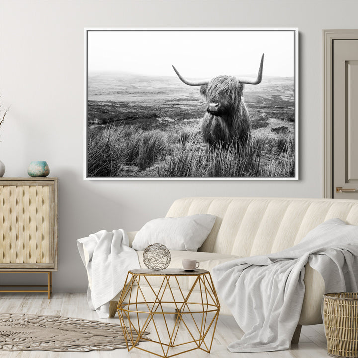 Scottish Highland Cow Wall Art | Black and White Canvas Print | Ready to Hang and Framed | Rustic Farmhouse Wall Decor for Living Room or