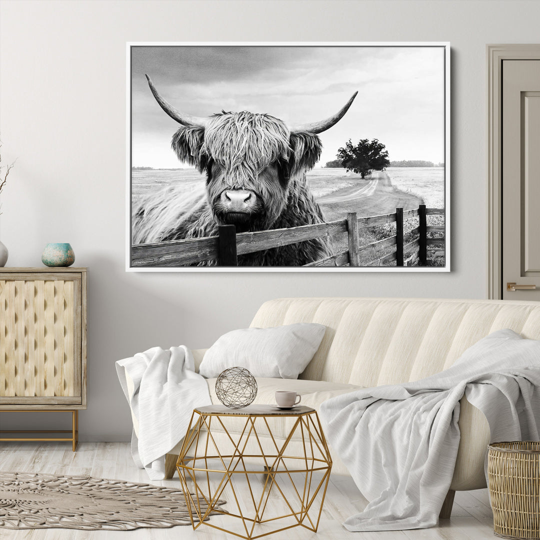 Scottish Highland Cow Wall Art | Rustic Farmhouse Décor | Black and White Ready to Hang Canvas Print