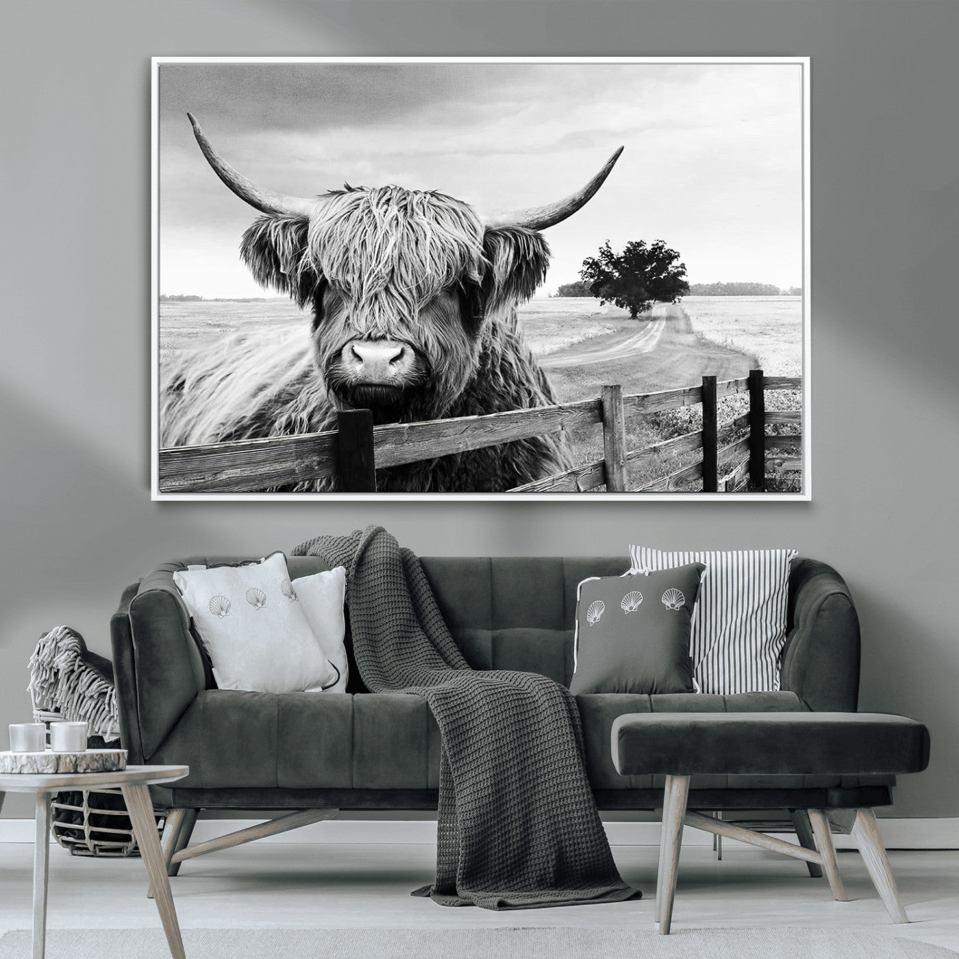 MGV-FC-36X24 - Scottish Highland Cow Wall Art | Rustic Farmhouse Décor | Black and White Ready to Hang Canvas Print