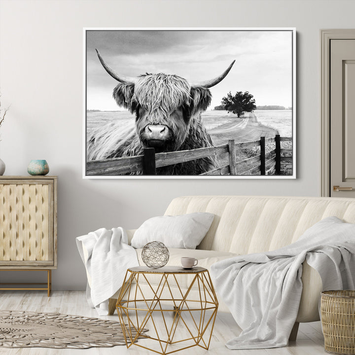 Scottish Highland Cow Wall Art | Rustic Farmhouse Décor | Black and White Ready to Hang Canvas Print