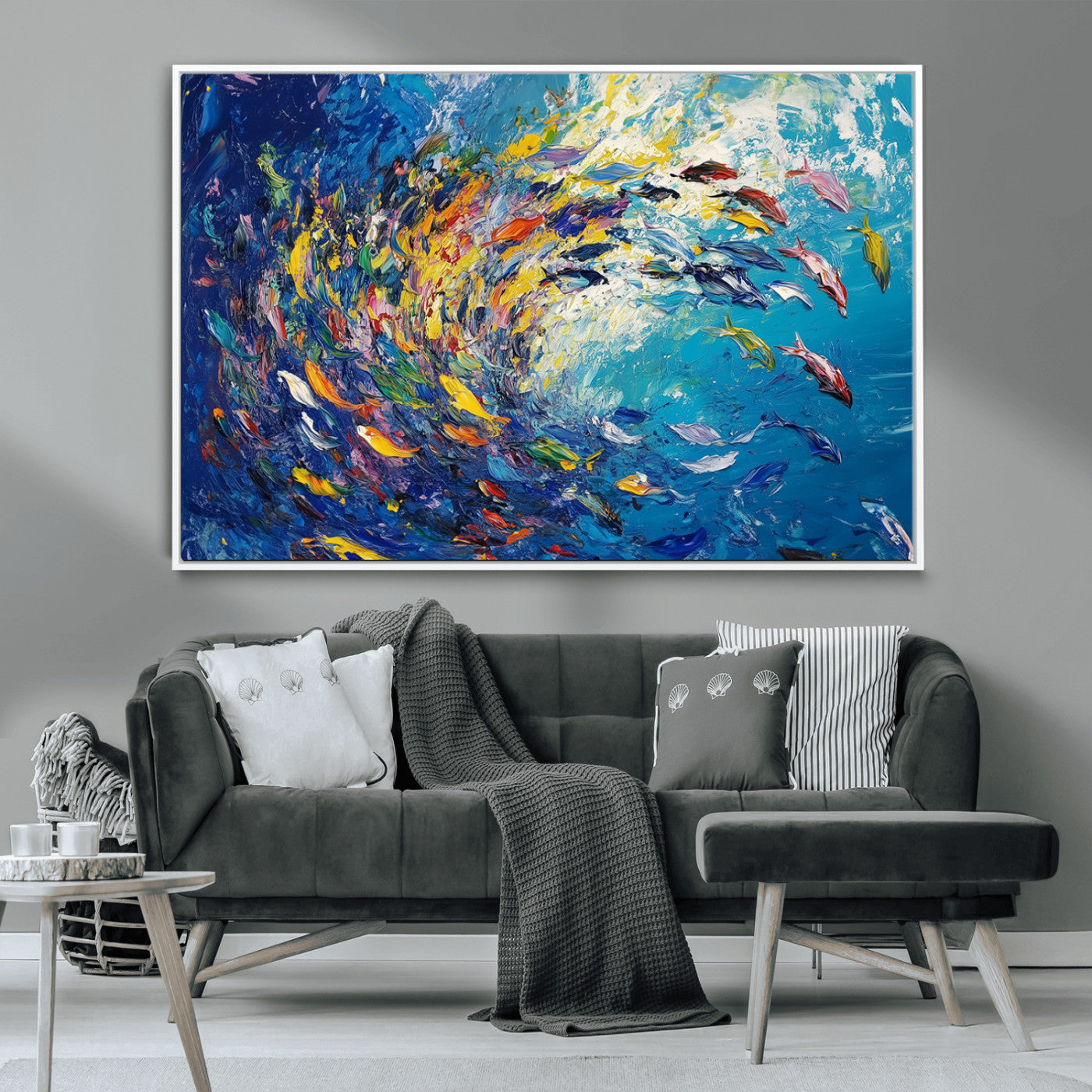 MGV-FC-36X24 - Colorful Swirling Fish School Wall Art Canvas Print | Oceanic Abstract Painting | Ready to Hang |