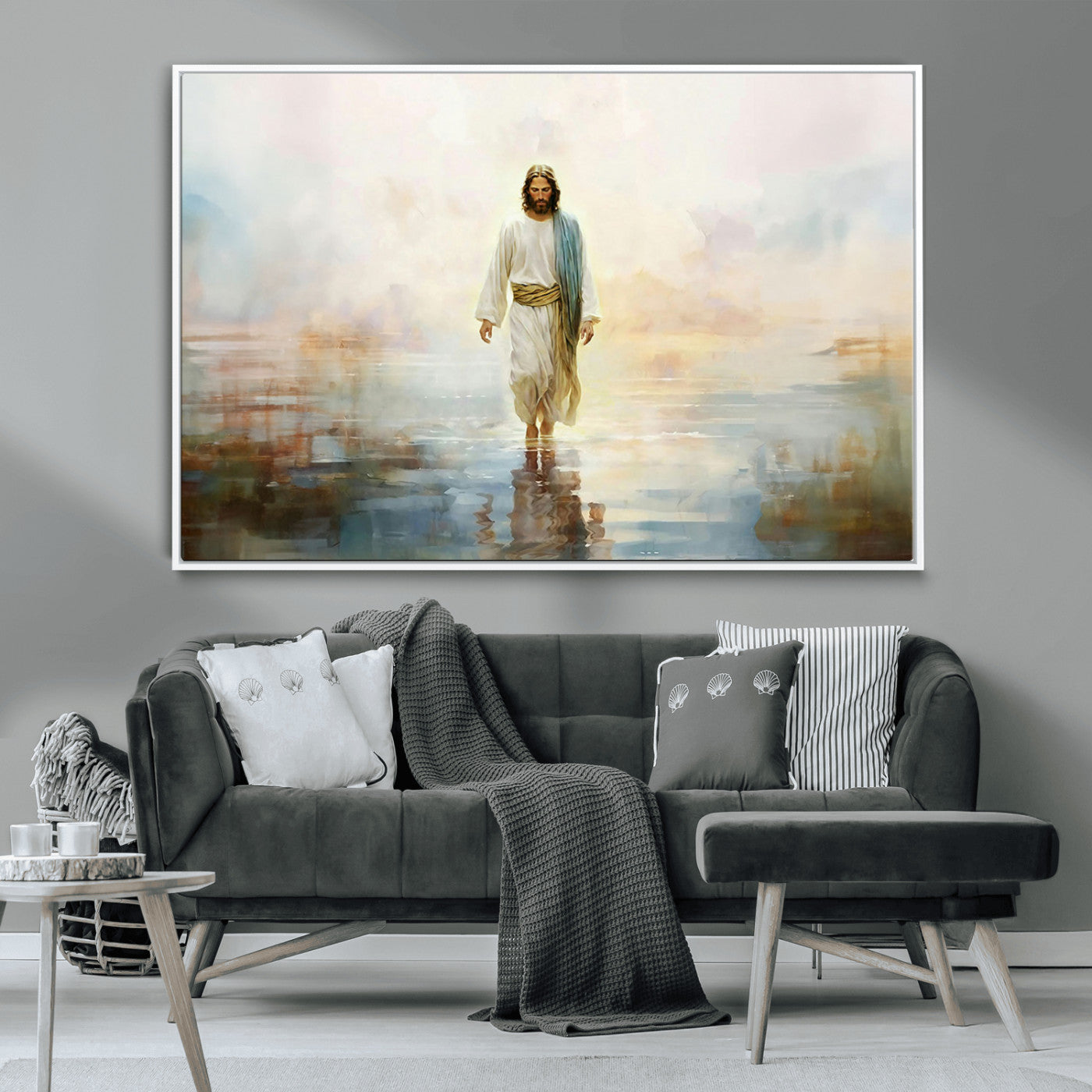 MGV-FC-36X24 - Framed Jesus Walking on Water Wall Art - 3-Panel Christian Canvas Prints, Religious Artwork for