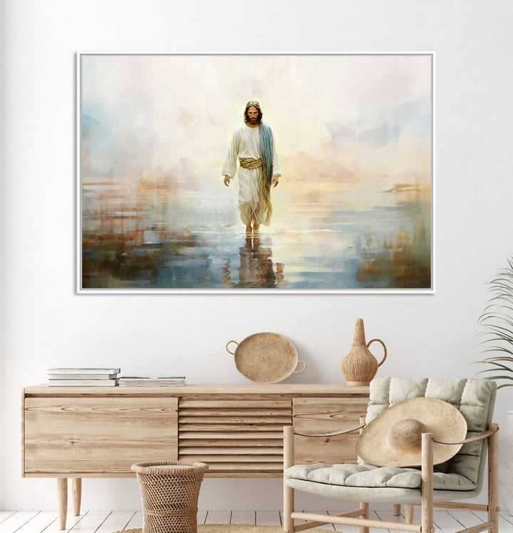 The 3-panel Framed Jesus Walking on Water Wall Art showcases a serene religious scene.