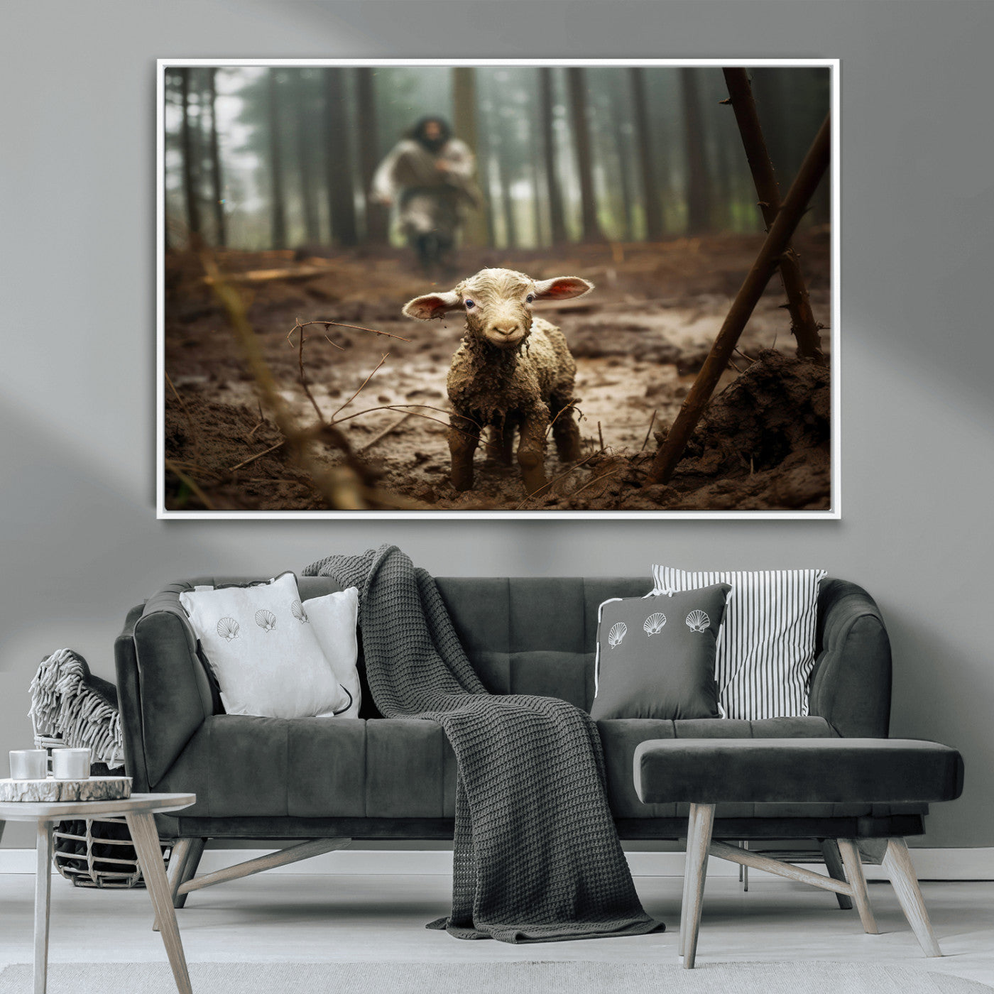 MGV-FC-36X24 - Jesus Running After a Lost Lamb Canvas Wall Art Print