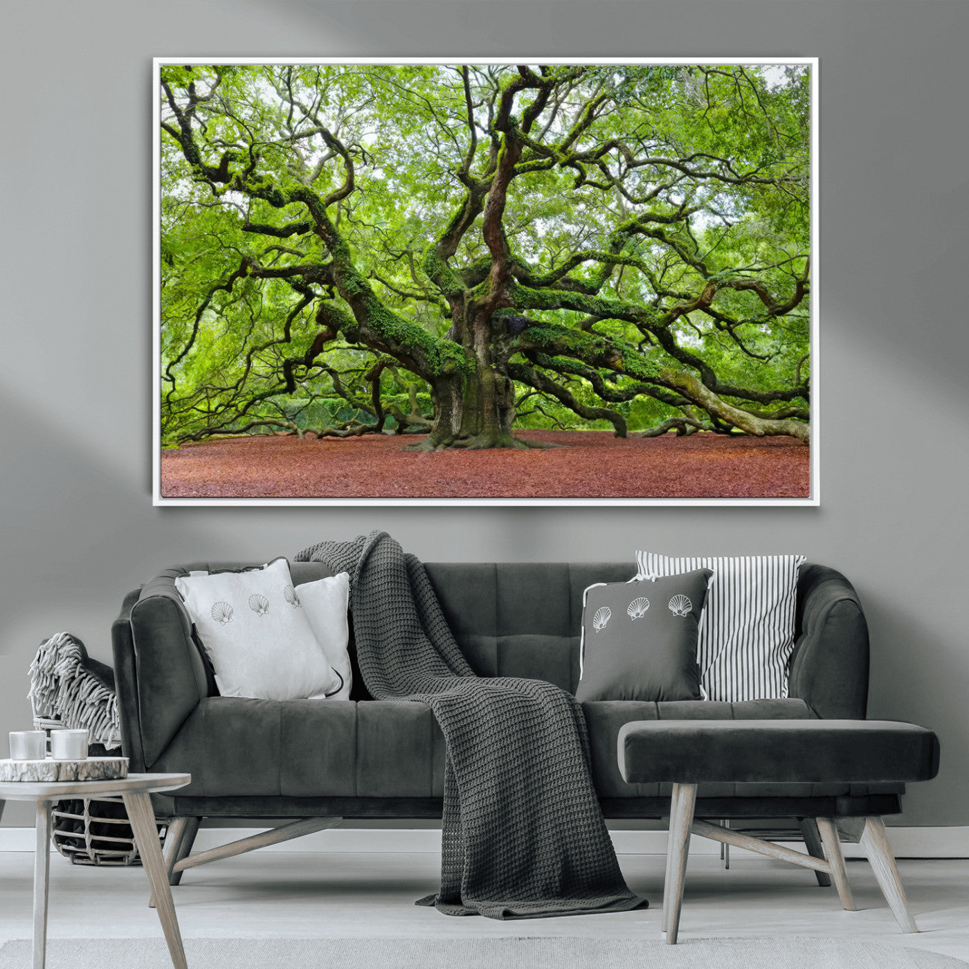 MGV-FC-36X24 - Framed Angel Oak Tree Wall Art - 3-Panel Canvas Prints, Large Green Nature Artwork, Ready to Hang