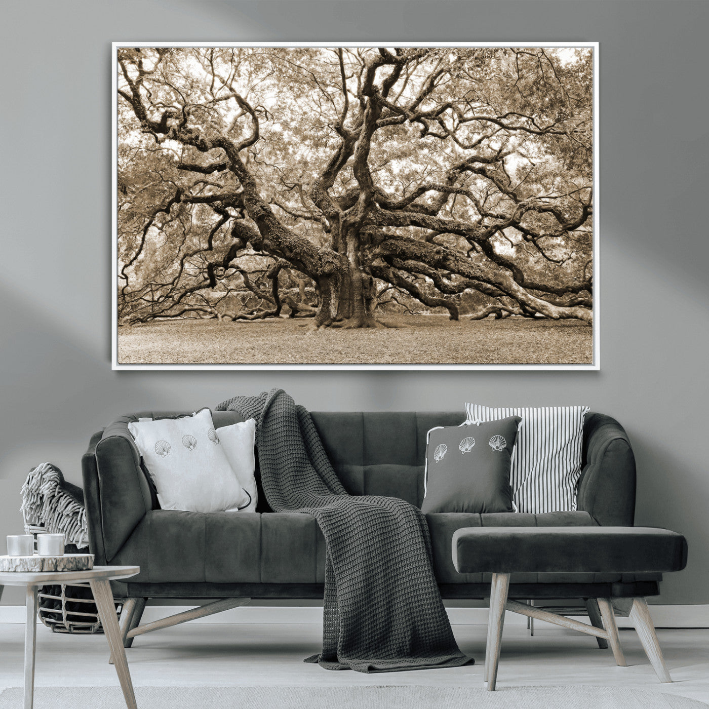 51126-MGV-CV-36X24-Sepia Framed Angel Oak Tree Wall Art - 3-Panel Canvas Prints, Large Green Nature Artwork, Ready to