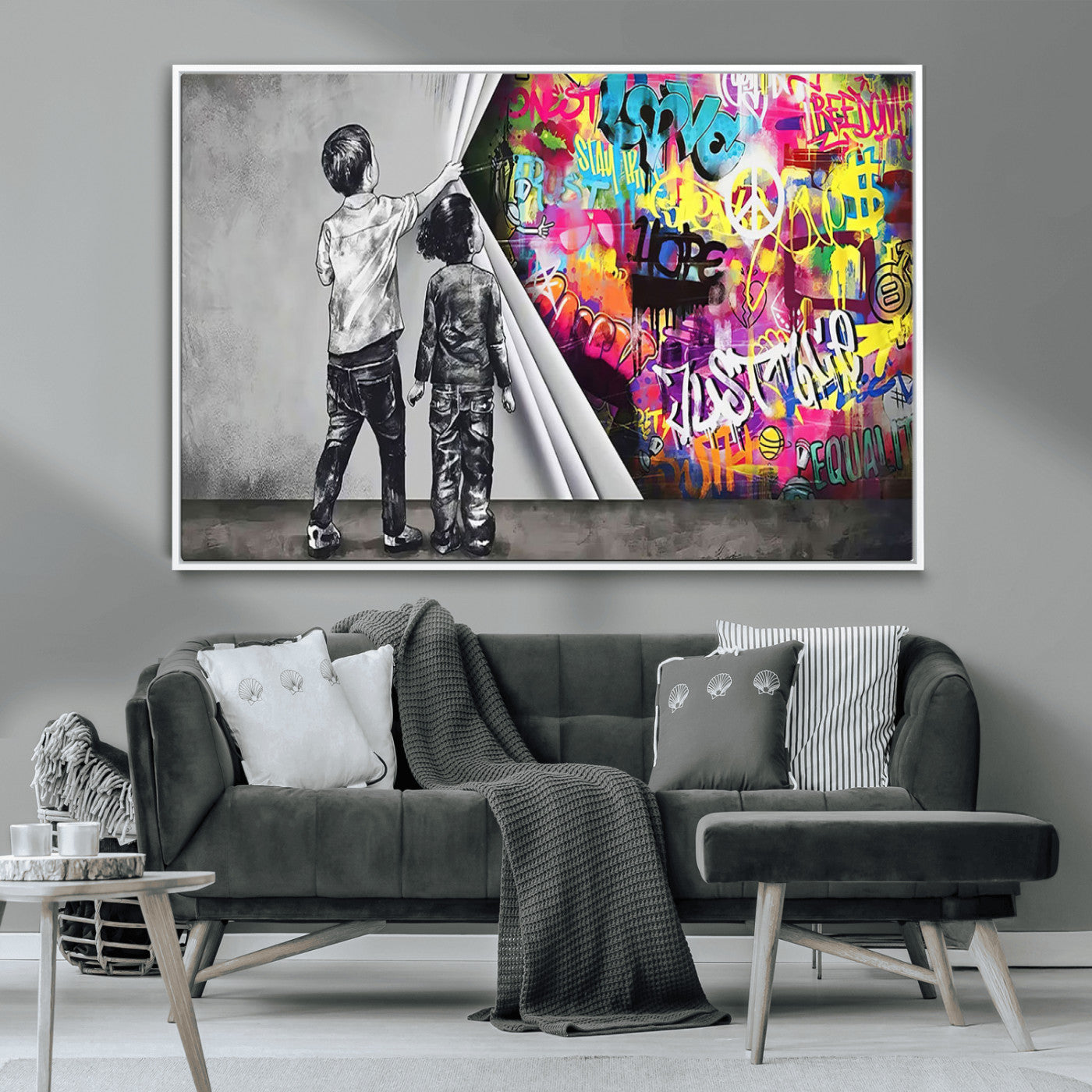 MGV-FC-36X24 - Banksy Print - Street Art Canvas Wall Art - Kids Revealing Graffiti, Urban Modern Decor for Living