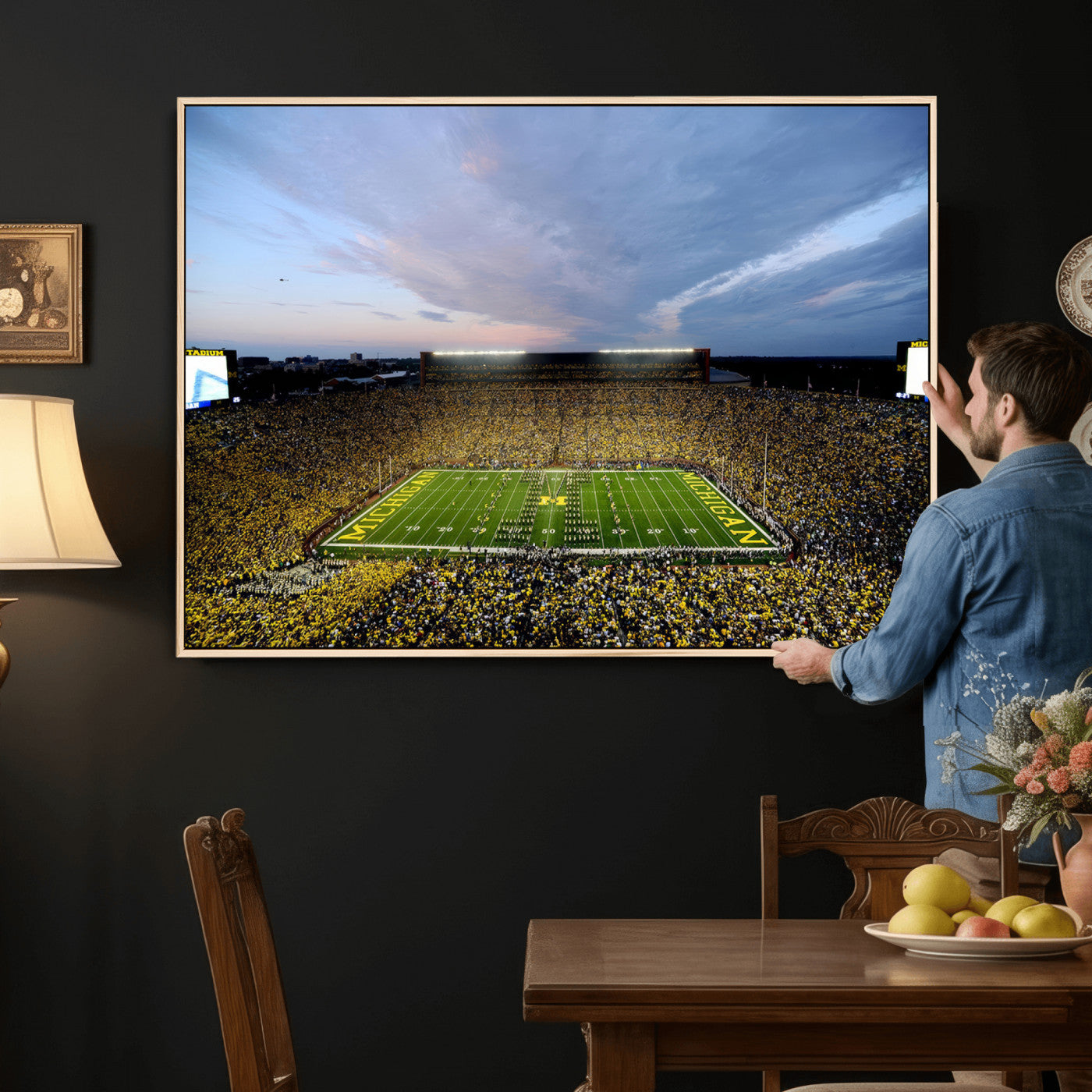 82641-MGV-CV-36X24 - Michigan Stadium Wall Art Canvas Print, Vibrant Game Day Crowd and Sunset Sky Football Field Artwork for Home, Office