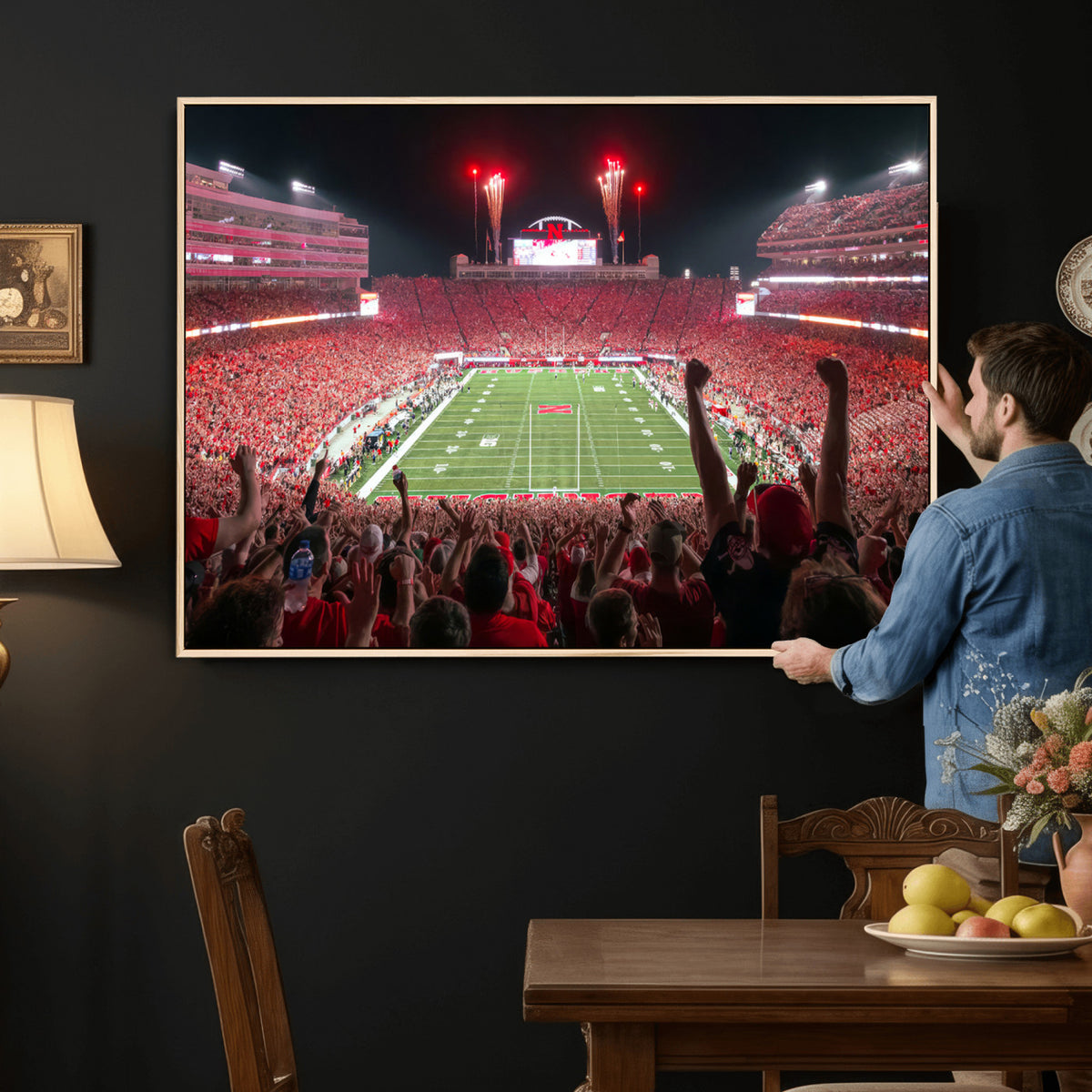 43351-MGV-CV-36X24 - University of Nebraska Cornhuskers Football Team Print - Lincoln Memorial Stadium Wall Art Canvas