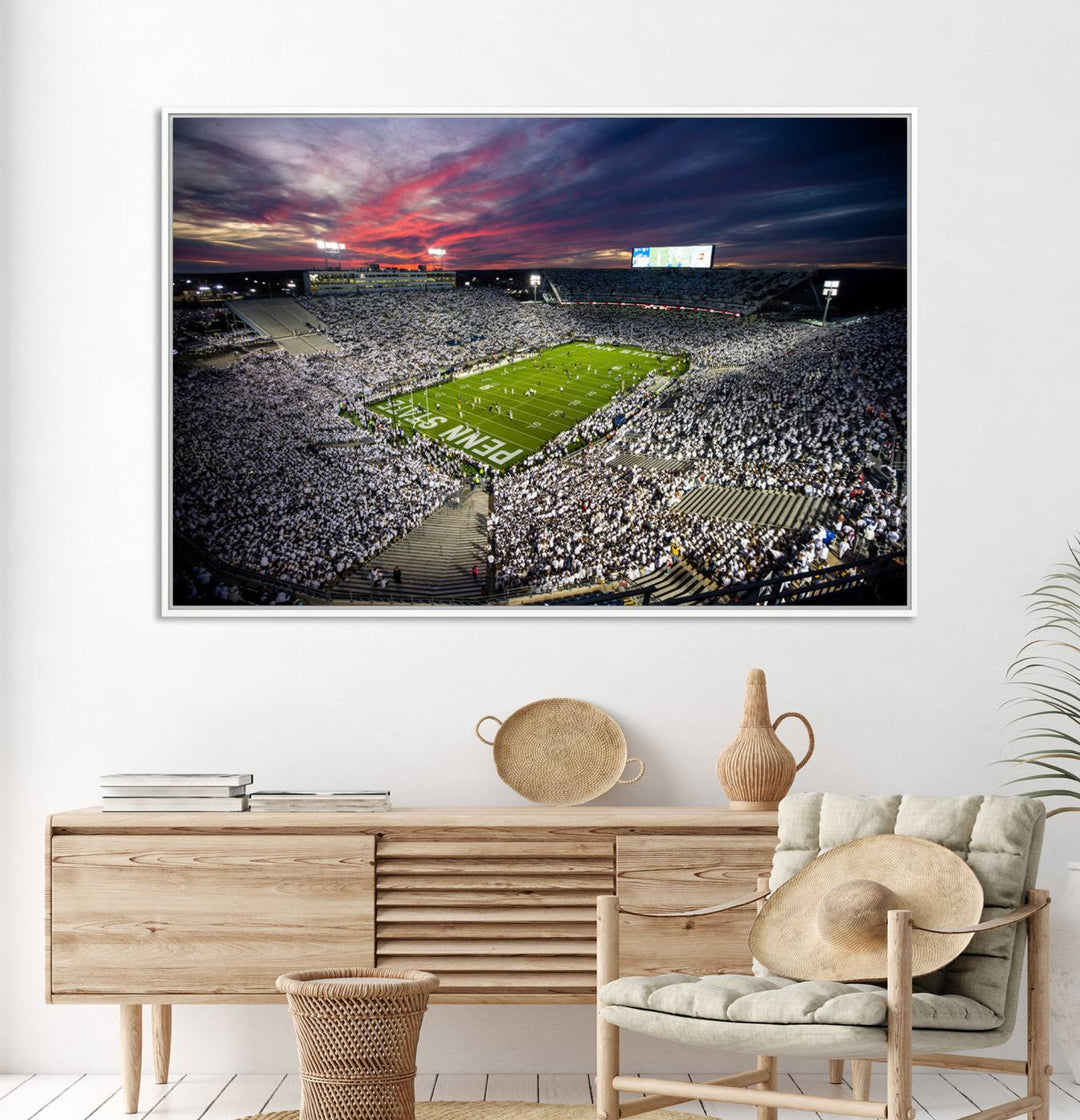 A sunset print on a canvas wall art piece captures the scene of white-clad fans at Beaver Stadium for the Nittany Lions game.