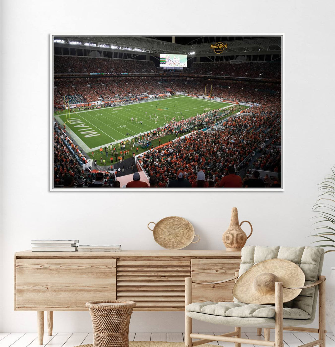 Aerial view of a Miami Hurricanes game at Hard Rock Stadium captured on canvas print, showcasing the teams on the field and fans in the stands.