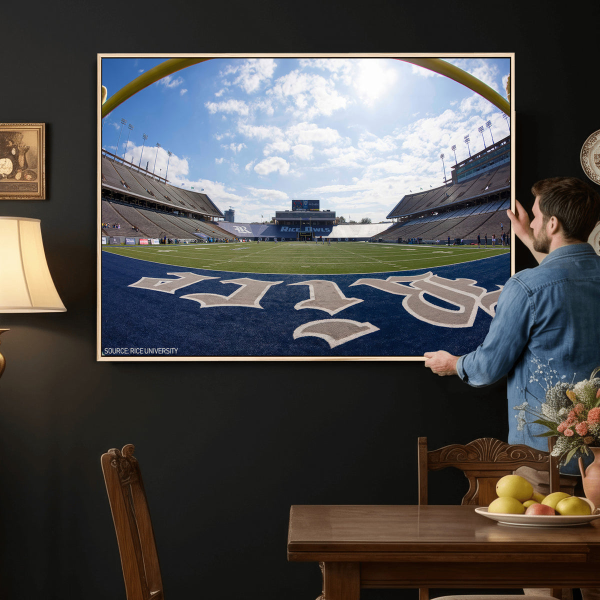 50267-MGV-CV-36X24 - Rice University Owls Football Team Print, Houston Rice Stadium, Framed and Ready to Hang