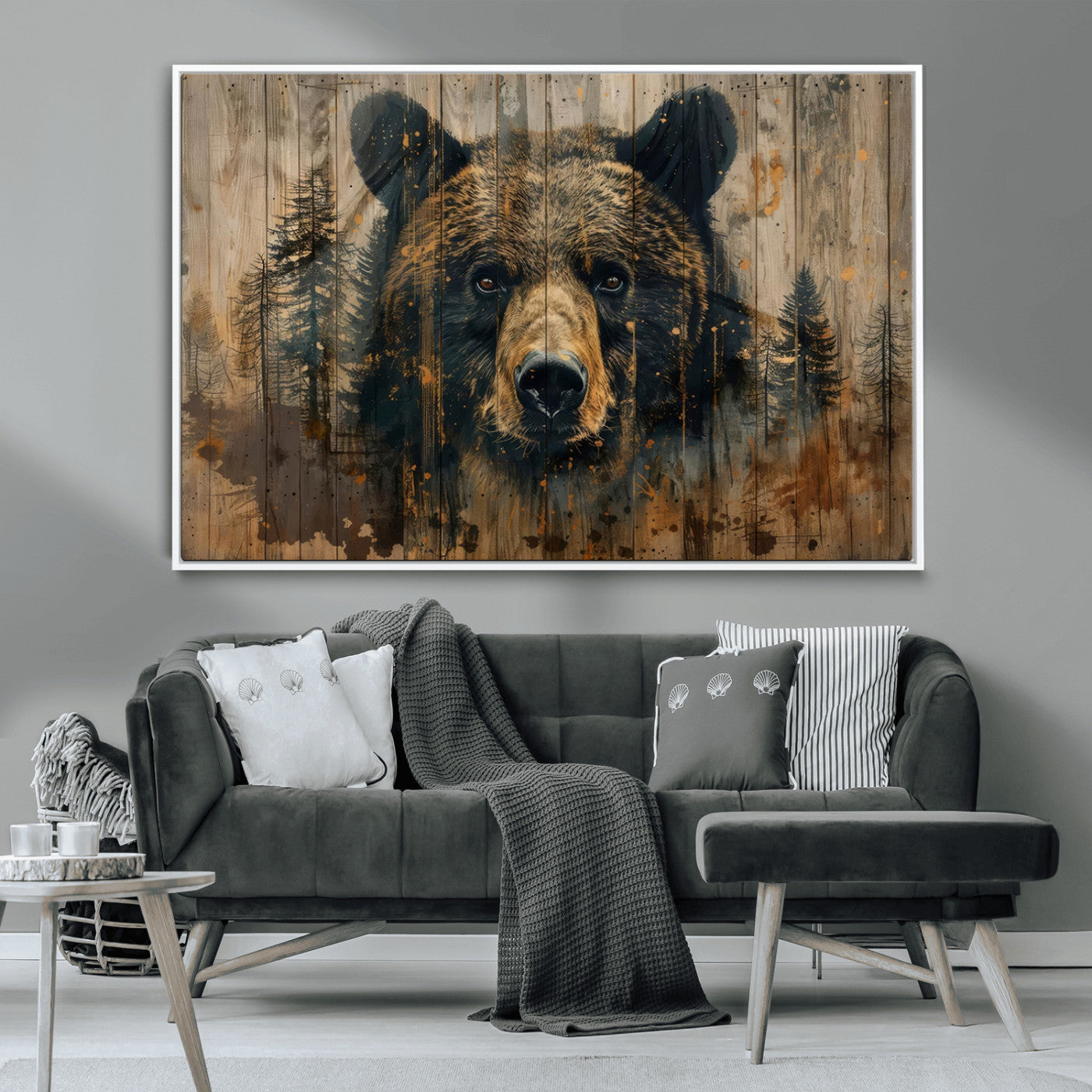 MGV-FC-36X24 - Abstract 399 Bear Wall Art | Rustic Cabin Wall Decor with Forest Design | Framed and Ready to Hang |