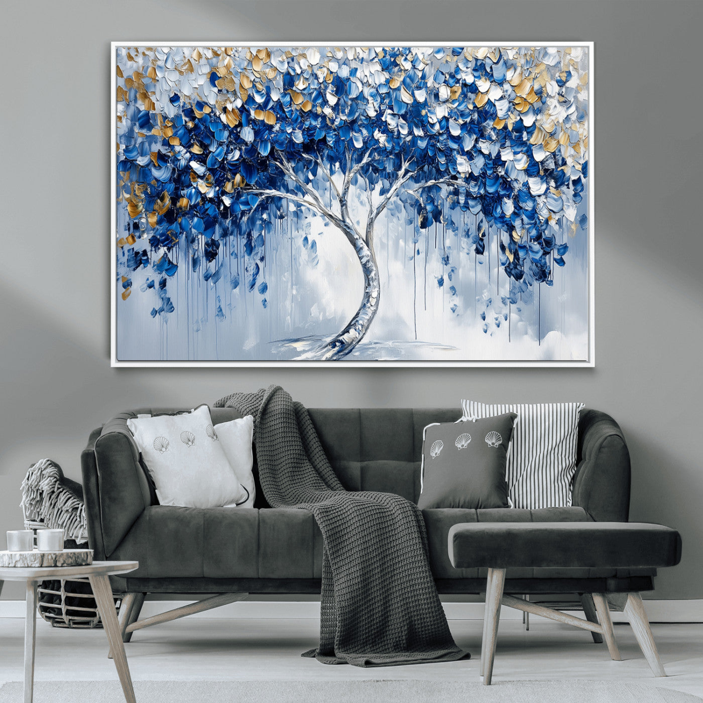 MGV-FC-36X24 - Blue and Gold Abstract Tree Wall Art Canvas Print | Modern Tree of Life Painting | Framed Canvas