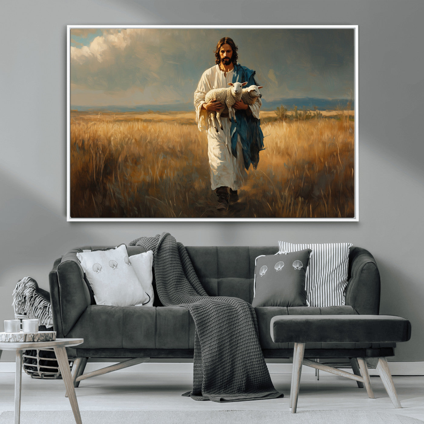MGV-FC-36X24 - Jesus Shepherd Wall Art | Ready to Hang Triptych Canvas of Jesus Holding a Lamb in a Field |