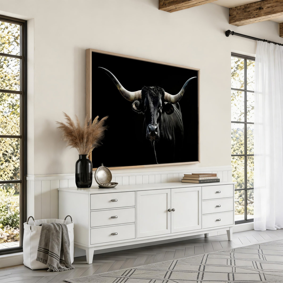 20679-MGV-CV-24X16 - Texas Black Longhorn Bull Wall Art Canvas Print, Western Cattle Rustic Decor