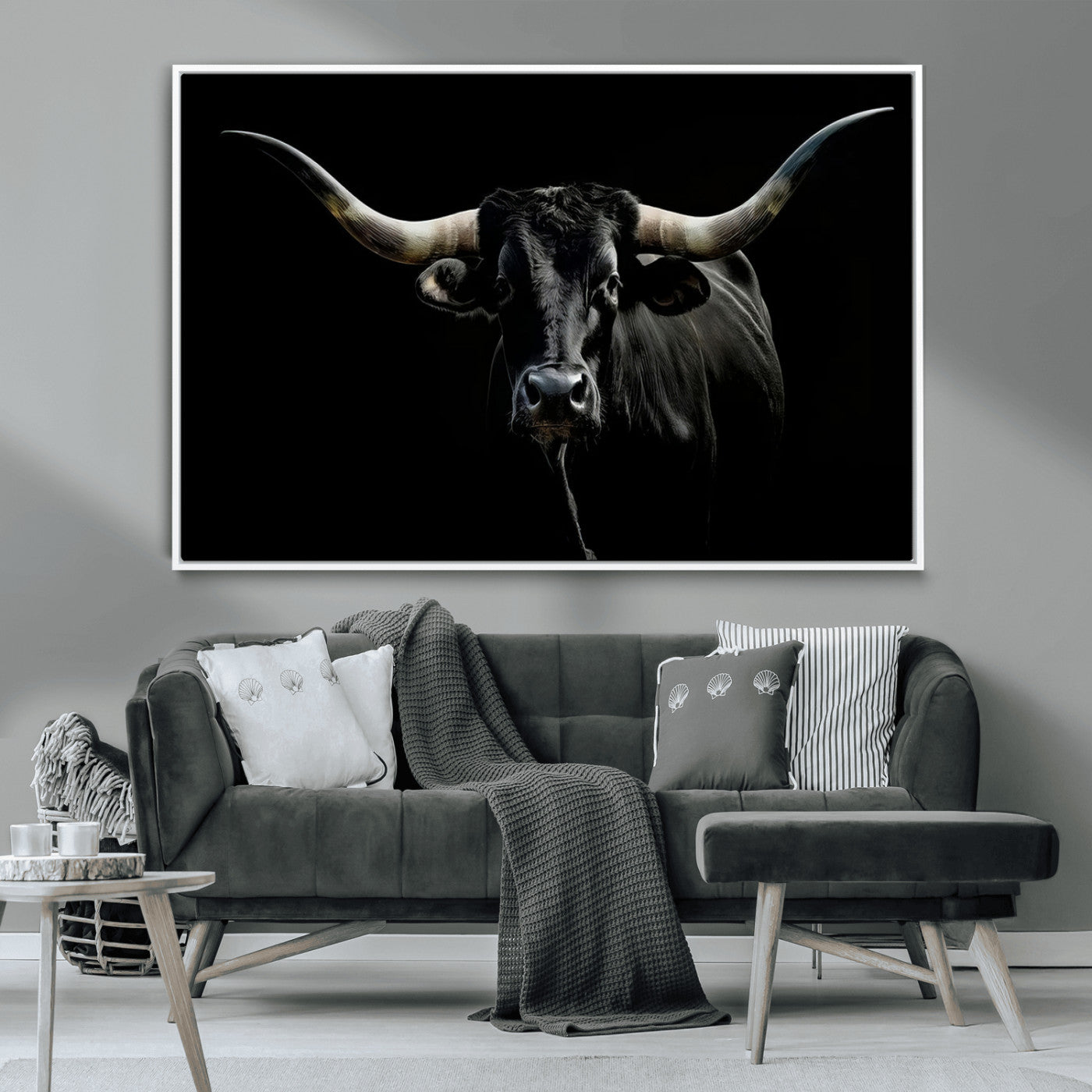 MGV-FC-36X24 - Texas Black Longhorn Bull Wall Art Canvas Print - Western Texas Cattle Rustic Decor Print - Longhorn