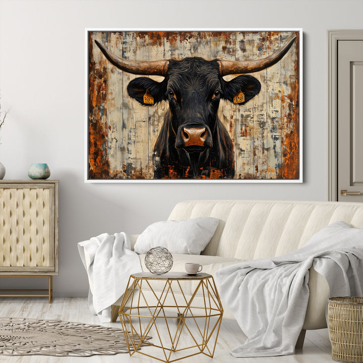 Rustic Texas Artwork Wall Art Canvas Print - Abstract Cow Longhorn Bull Wall Art Canvas Print