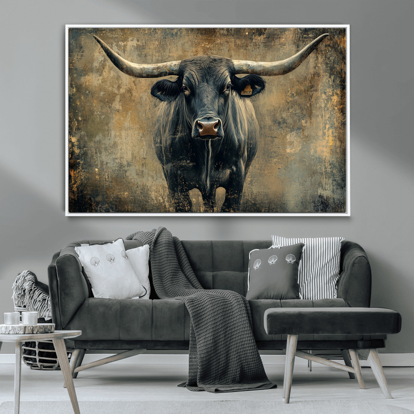 MGV-FC-36X24 - Longhorn Bull Wall Art Canvas Print, Framed Rustic Cow Art Picture Print, Texas Longhorn Perfect Western Decor Artwork