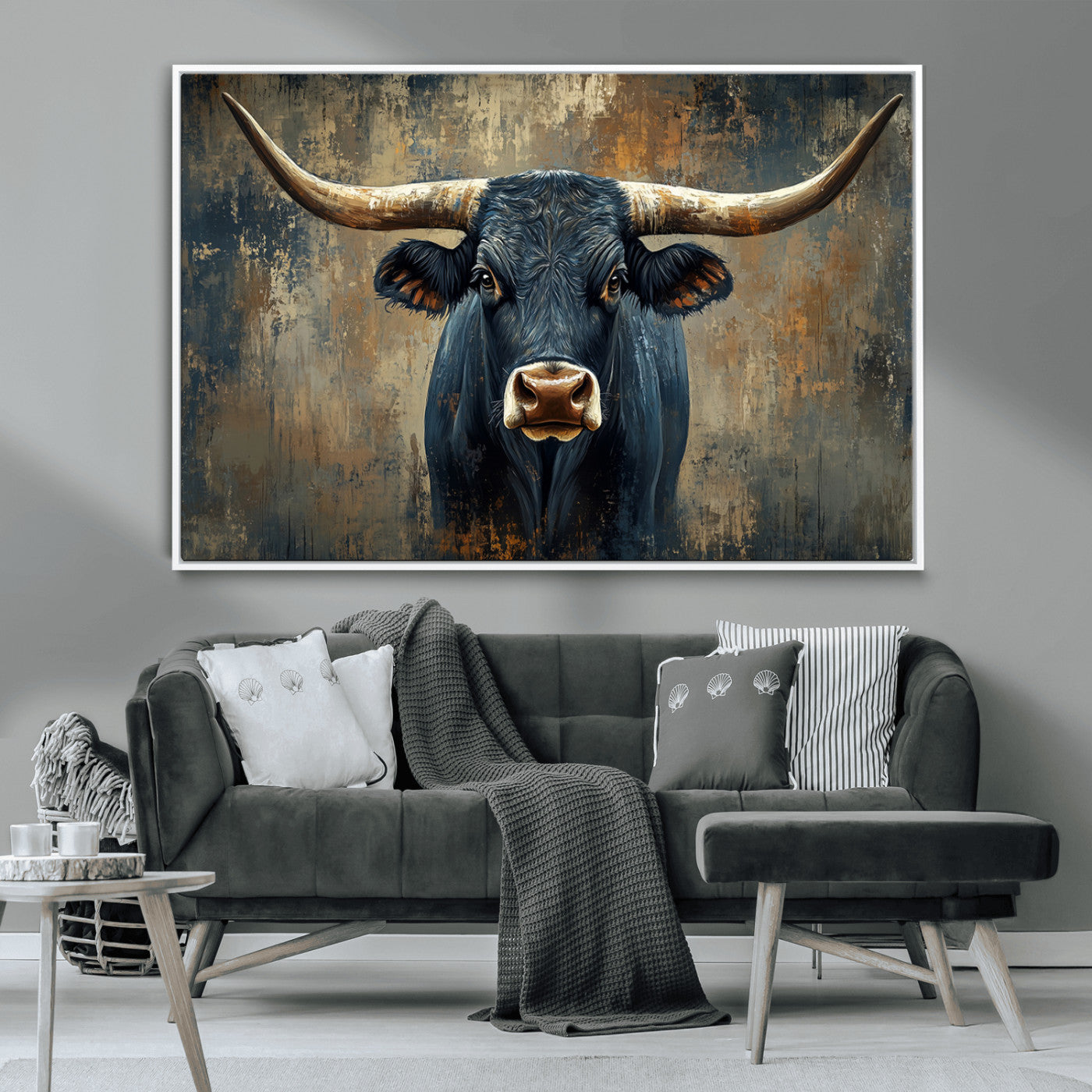 MGV-FC-36X24 - Texas Western Wall Art Canvas Print - Abstract Cow Longhorn Bull Wall Art Canvas Print - Rustic Cow