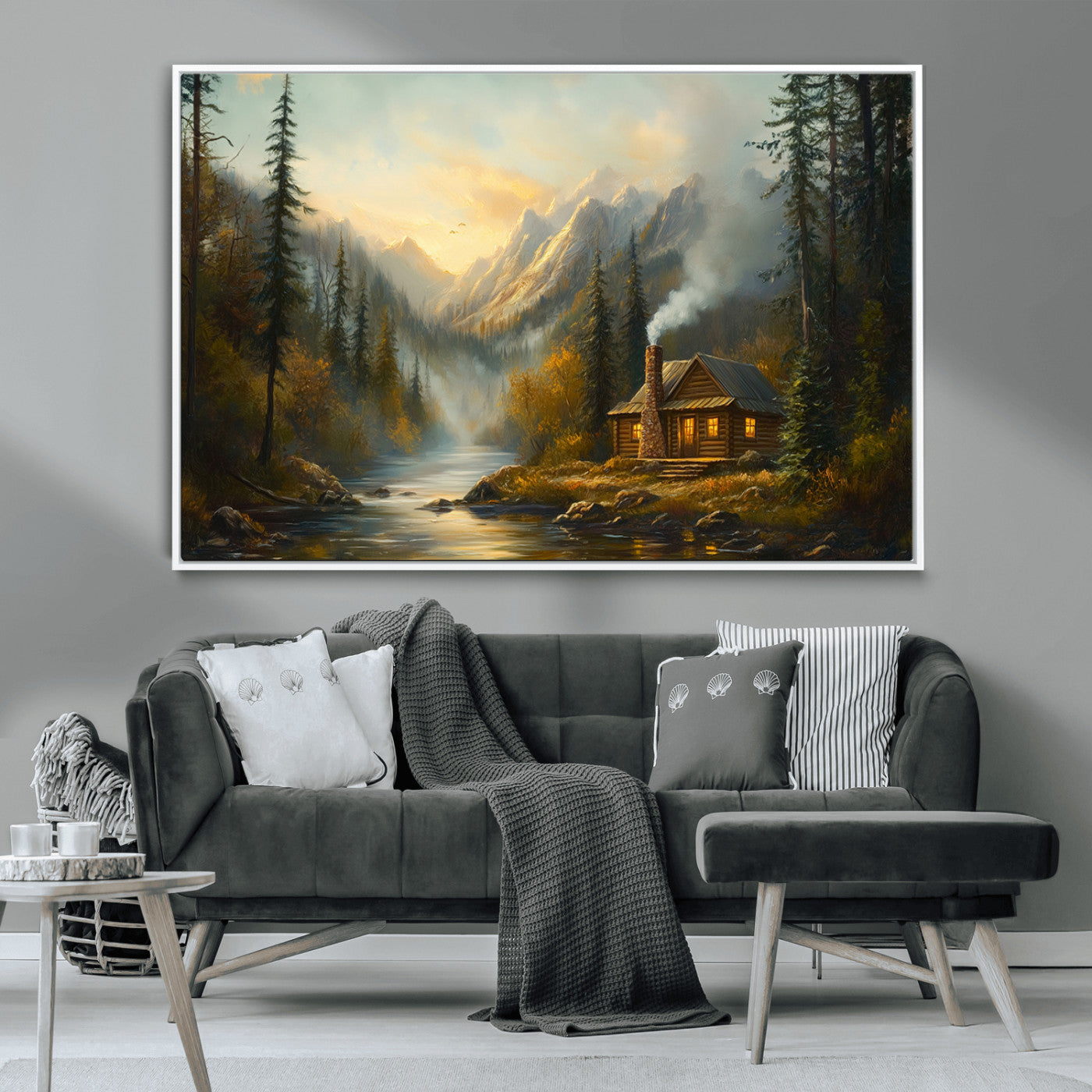MGV-FC-36X24 - Wood Cabin Retreat Mountain at Sunset Wall Art Print - Serene Forest and River Landscape Wall Art