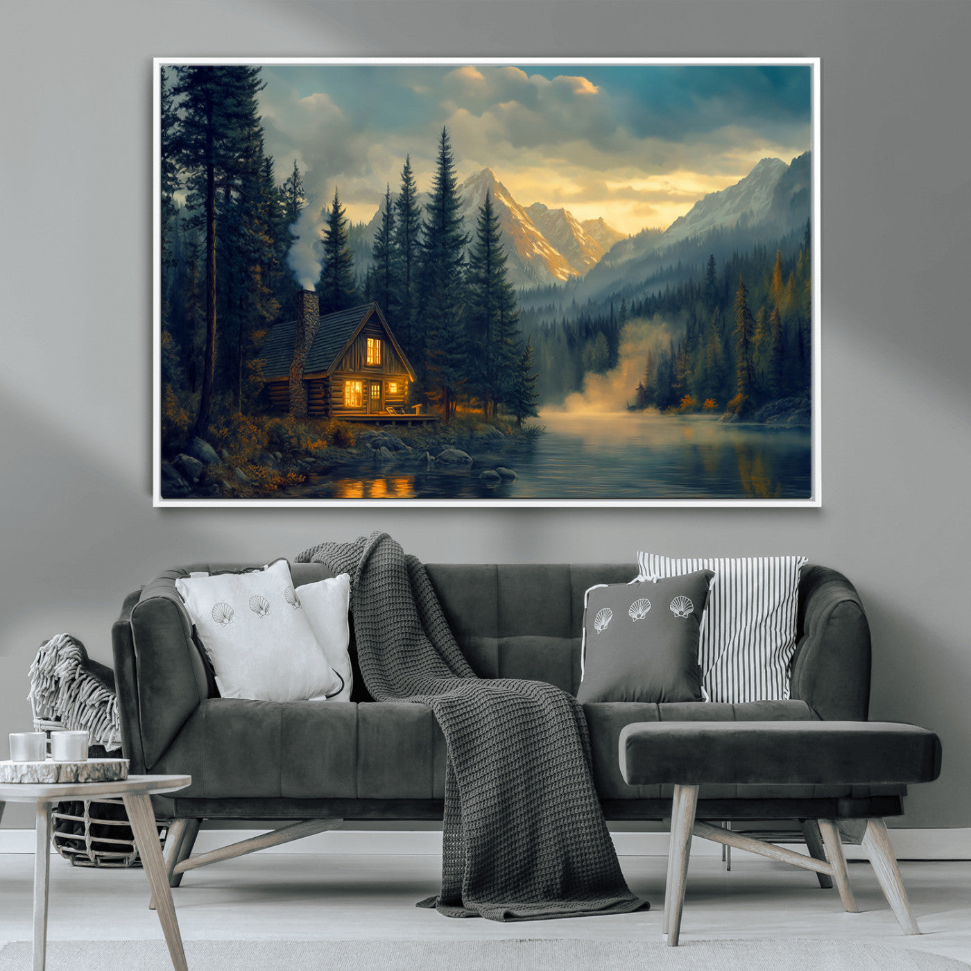 MGV-FC-36X24 - Mountain Cabin by the Lake at Sunset Wall Art - Serene Nature Canvas Print for Living Room Decor,
