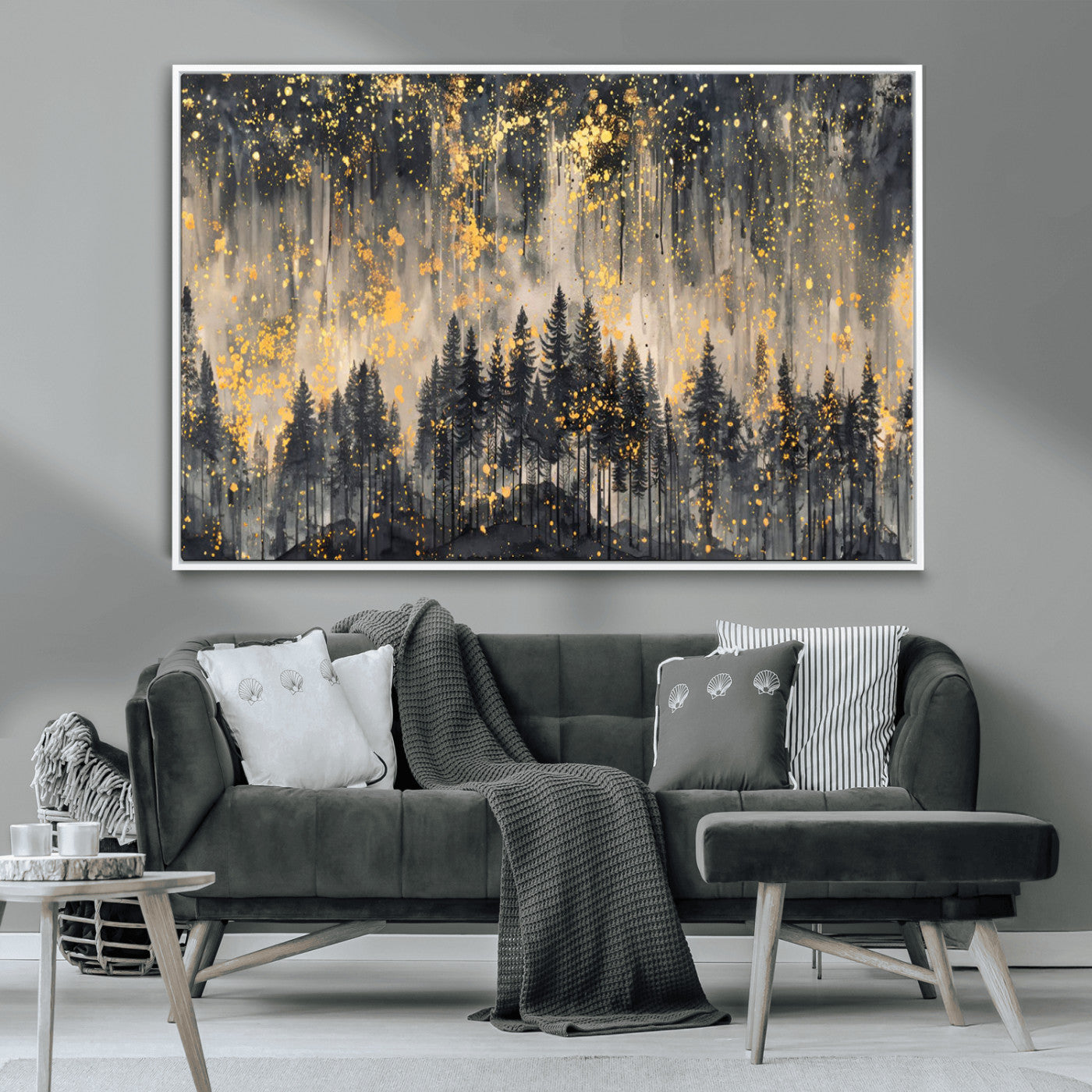 MGV-FC-36X24 - Golden Forest Abstract Wall Art | Dark Forest with Gold Splatter Accents | Triptych Ready to Hang