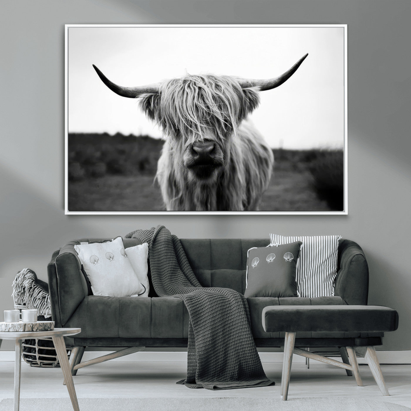 MGV-FC-36X24 - Highland Cow Wall Art | Black and White Farmhouse Decor | Triptych Canvas Print | Rustic Barn Decor