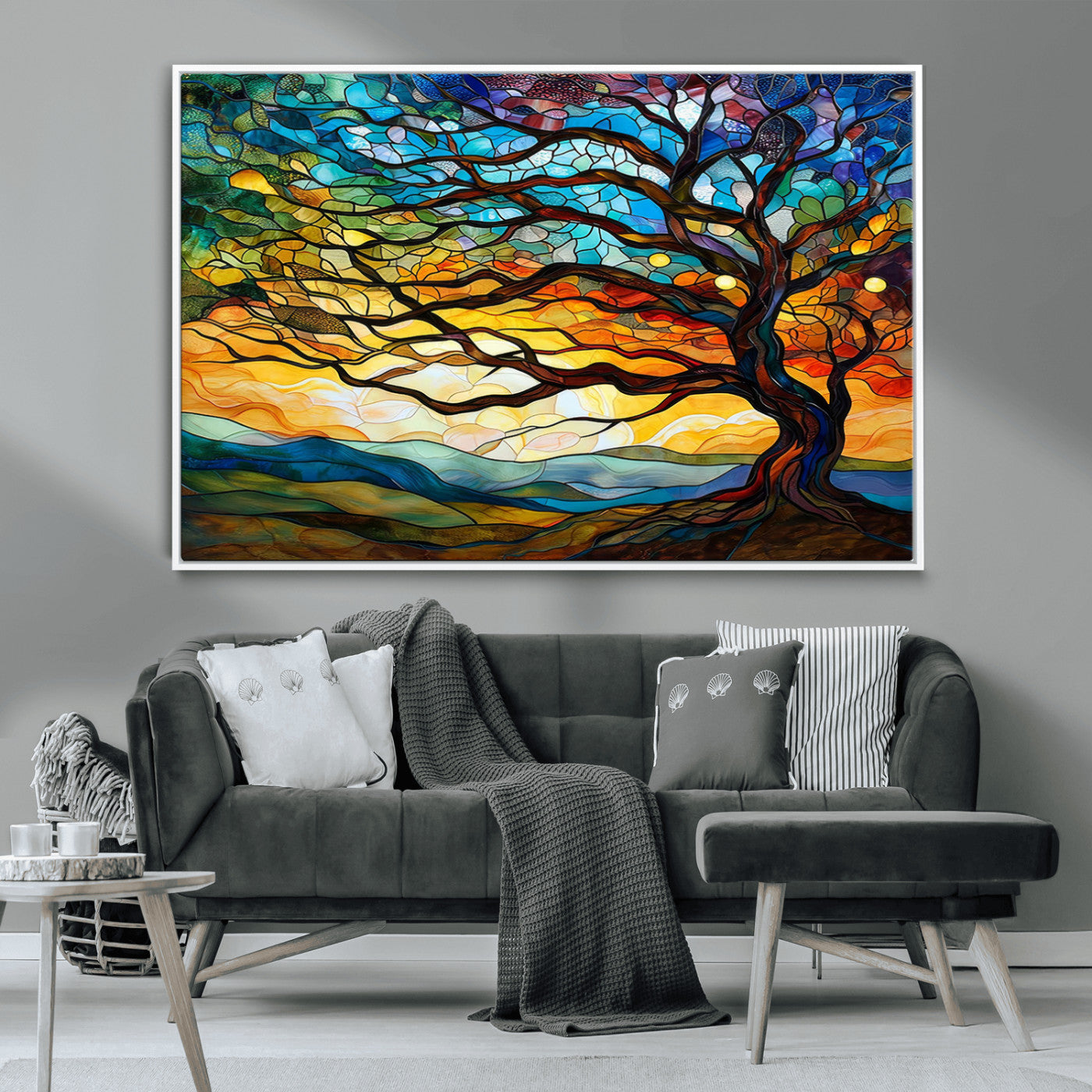 MGV-FC-36X24 - Vibrant Mosaic Tree of Life Wall Art | Stained Glass Style Canvas Print | Ready to Hang Artistic