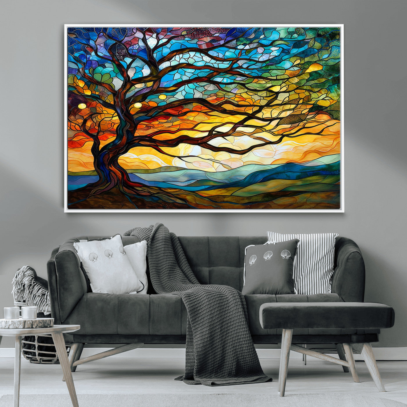 MGV-FC-36X24 - Mosaic Tree Wall Art | Ready to Hang Stained Glass Style Canvas Print | Farmhouse Wall Decor, Cabin