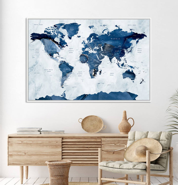 Navy Blue World Map with Antarctica Canvas: A perfect abstract home decor piece featuring a grunge-stained background.