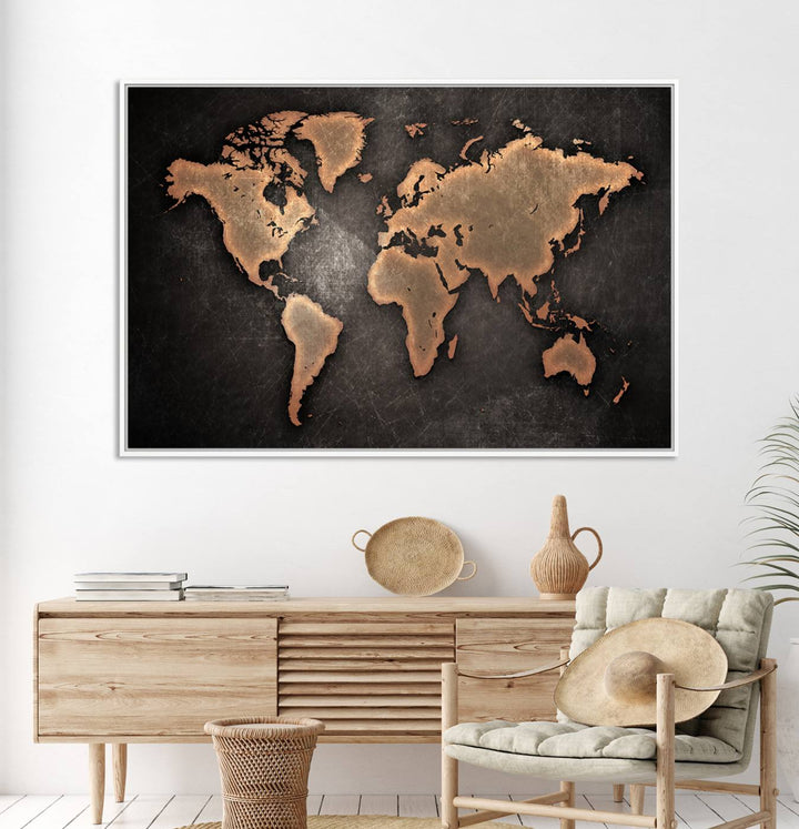 Maroon World Map Wall Art: Copper continents on a grunge-stained canvas, ideal for enhancing your decor.