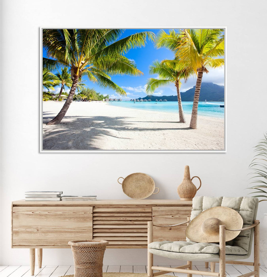 Blue Beach and Sea Wall Art Canvas Print: showcases a tropical scene with palm trees, white sand, and turquoise water.