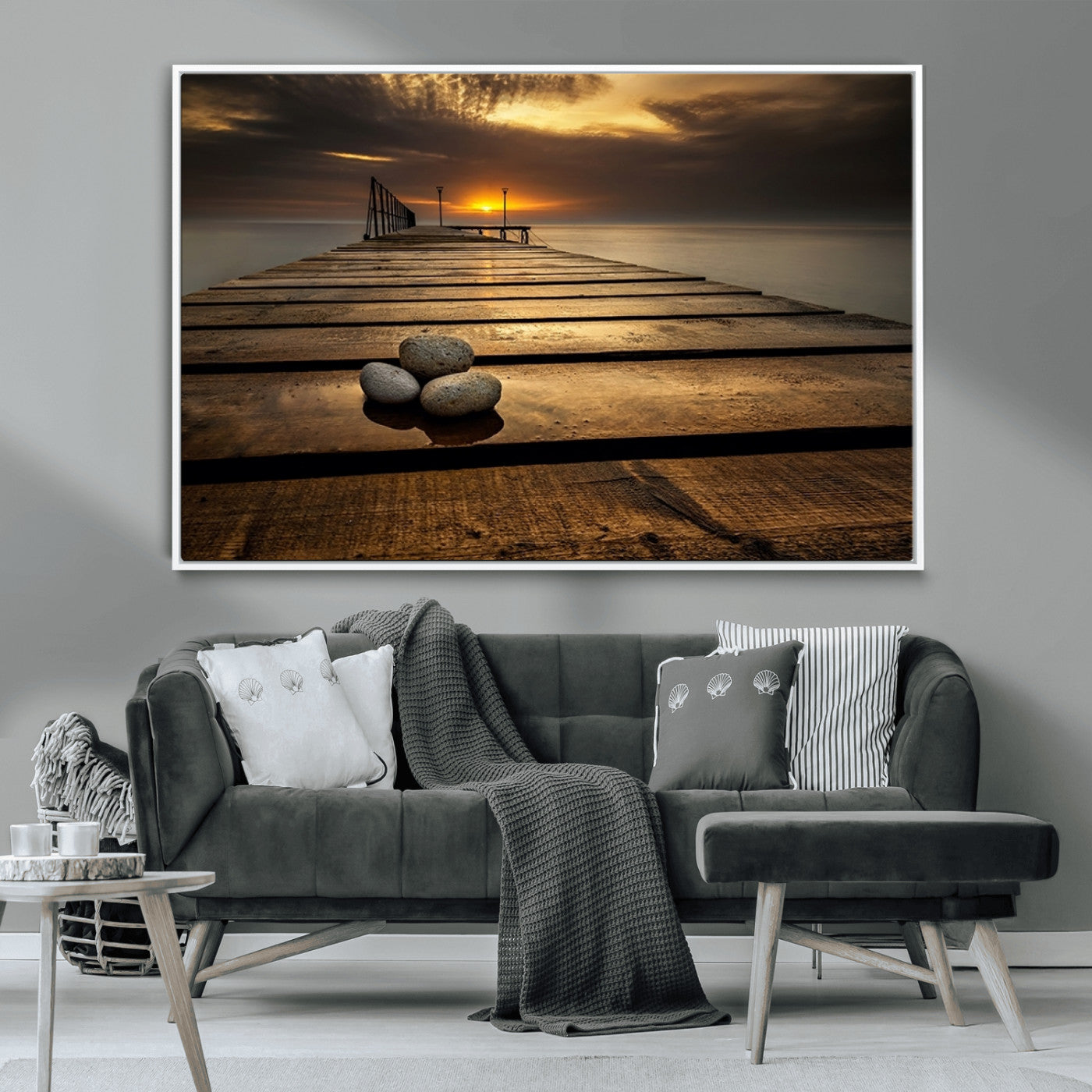 MGV-FC-36X24 - Stones on Wooden Pier at Sunset Canvas Print, Serene Coastal Wall Art, Beach Sunset Photography,