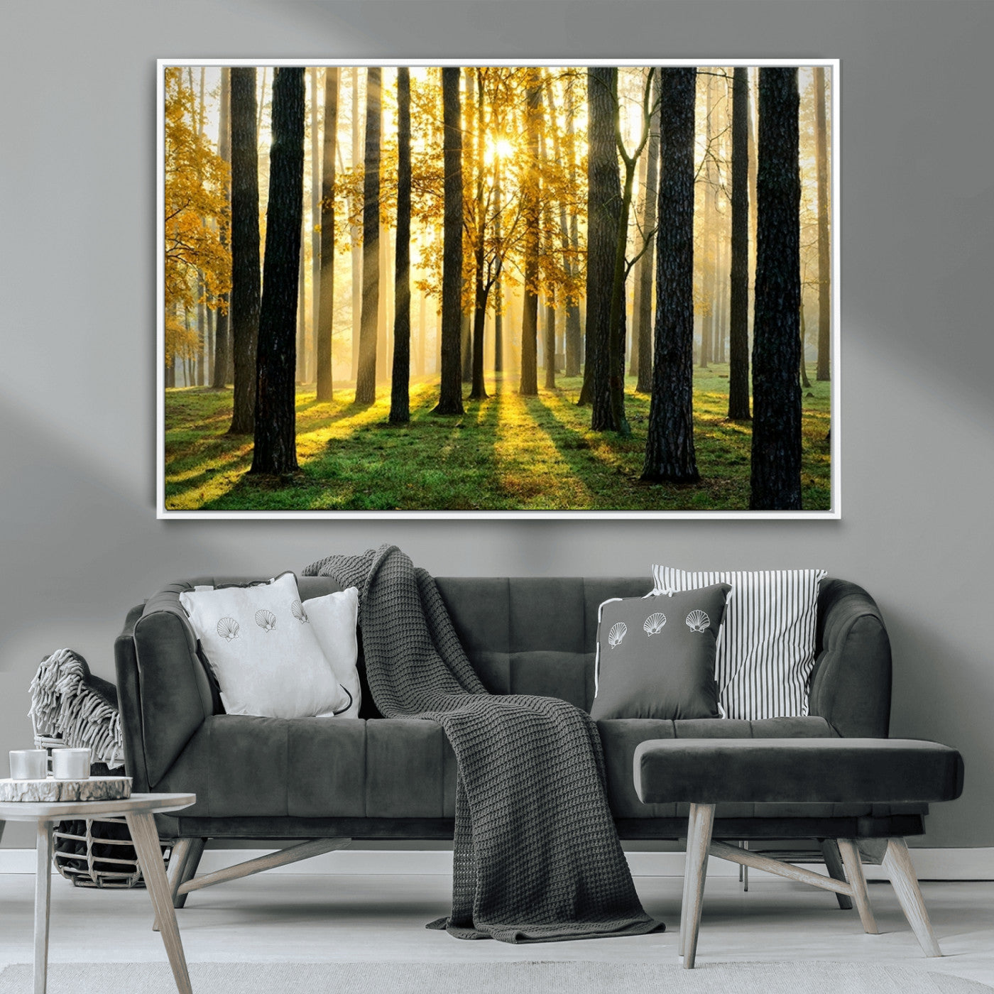 MGV-FC-36X24 - Sunlit Forest Canvas Wall Art – Serene Woodland Triptych Landscape Print – Nature-Inspired Decor for