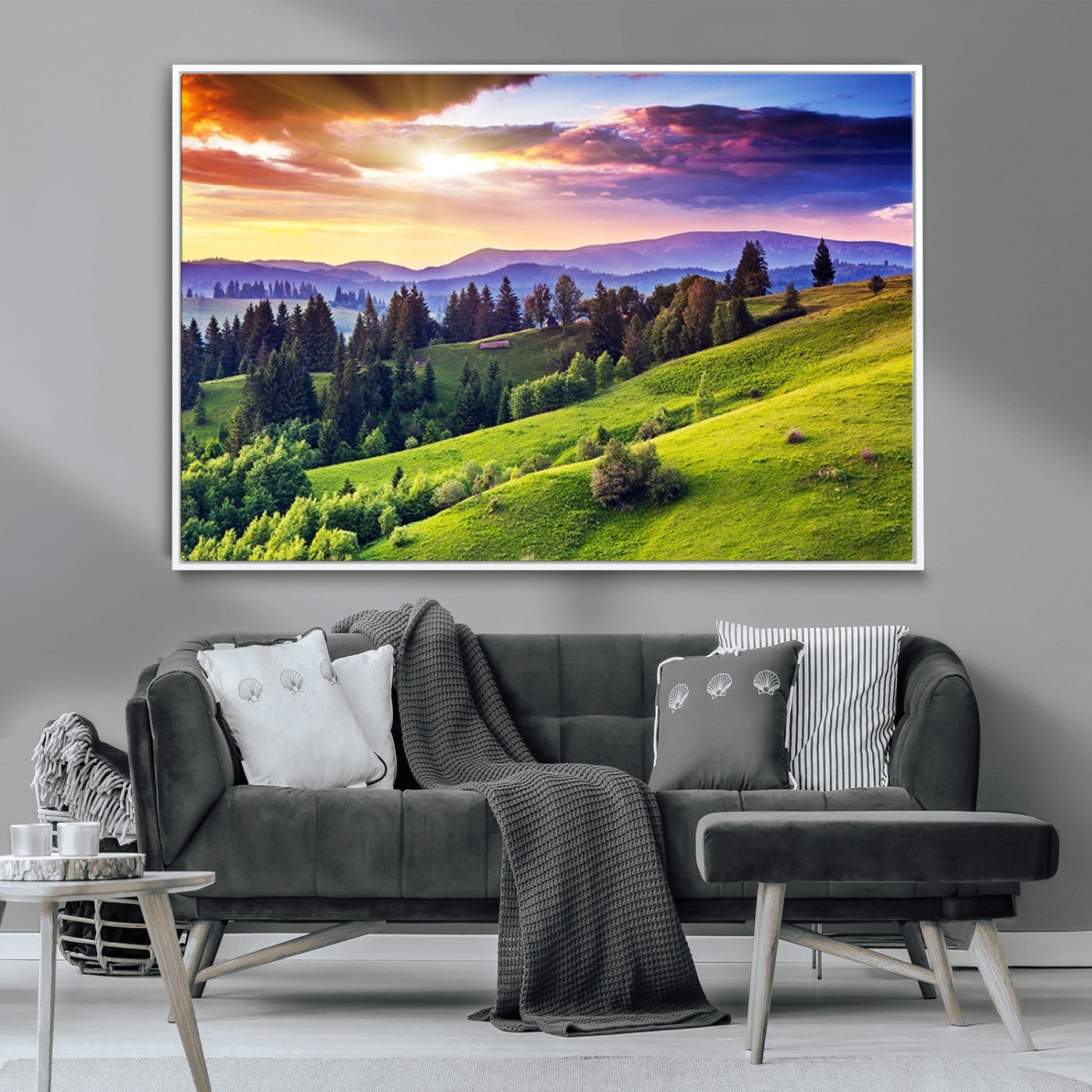 MGV-FC-36X24 - Green Hills and Sunset Wall Art Print - Scenic Landscape with Lush Greenery and Vibrant Sky, Ready