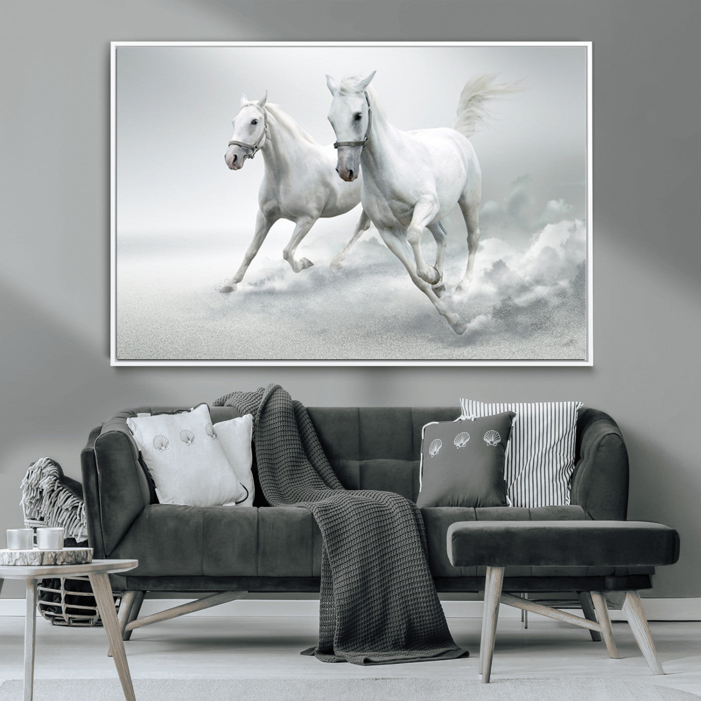 MGV-FC-36X24 - Large Wall Art Animal Canvas Print - Beautiful Running White Horses