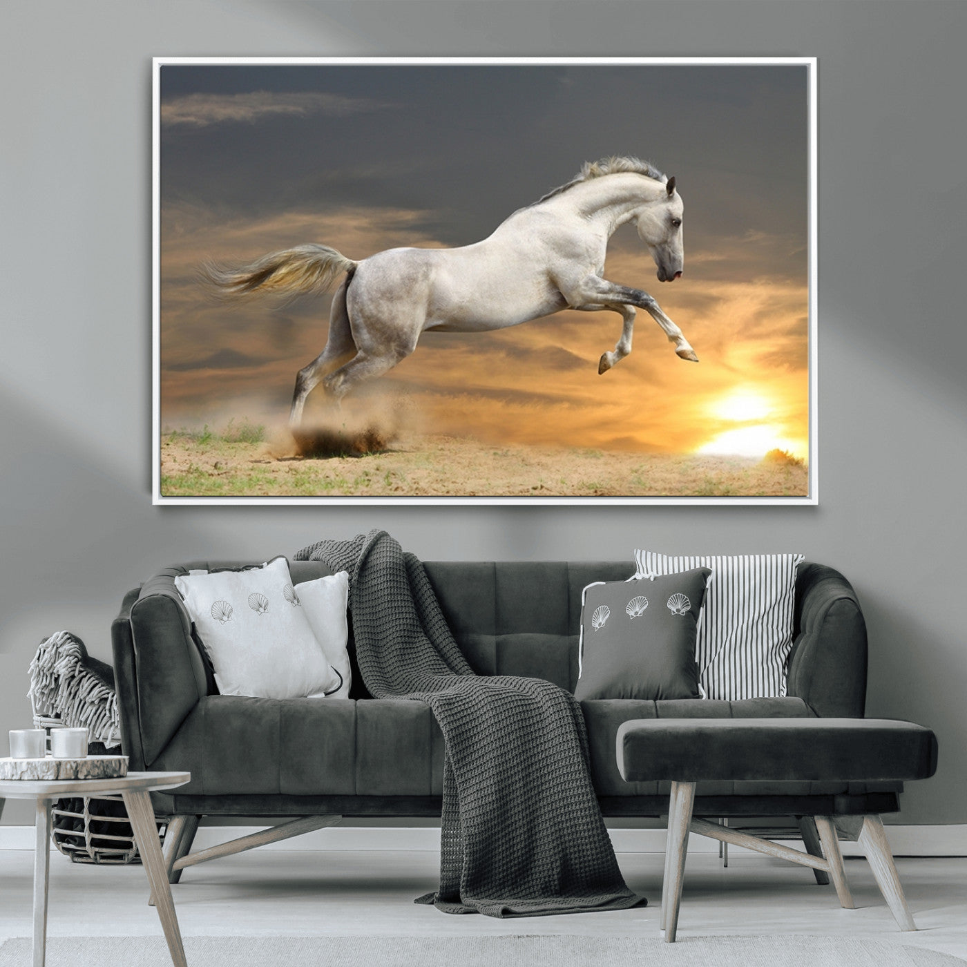 MGV-FC-36X24 - Large Wall Art Animal Canvas Print - White Jumping Horse at Sunset