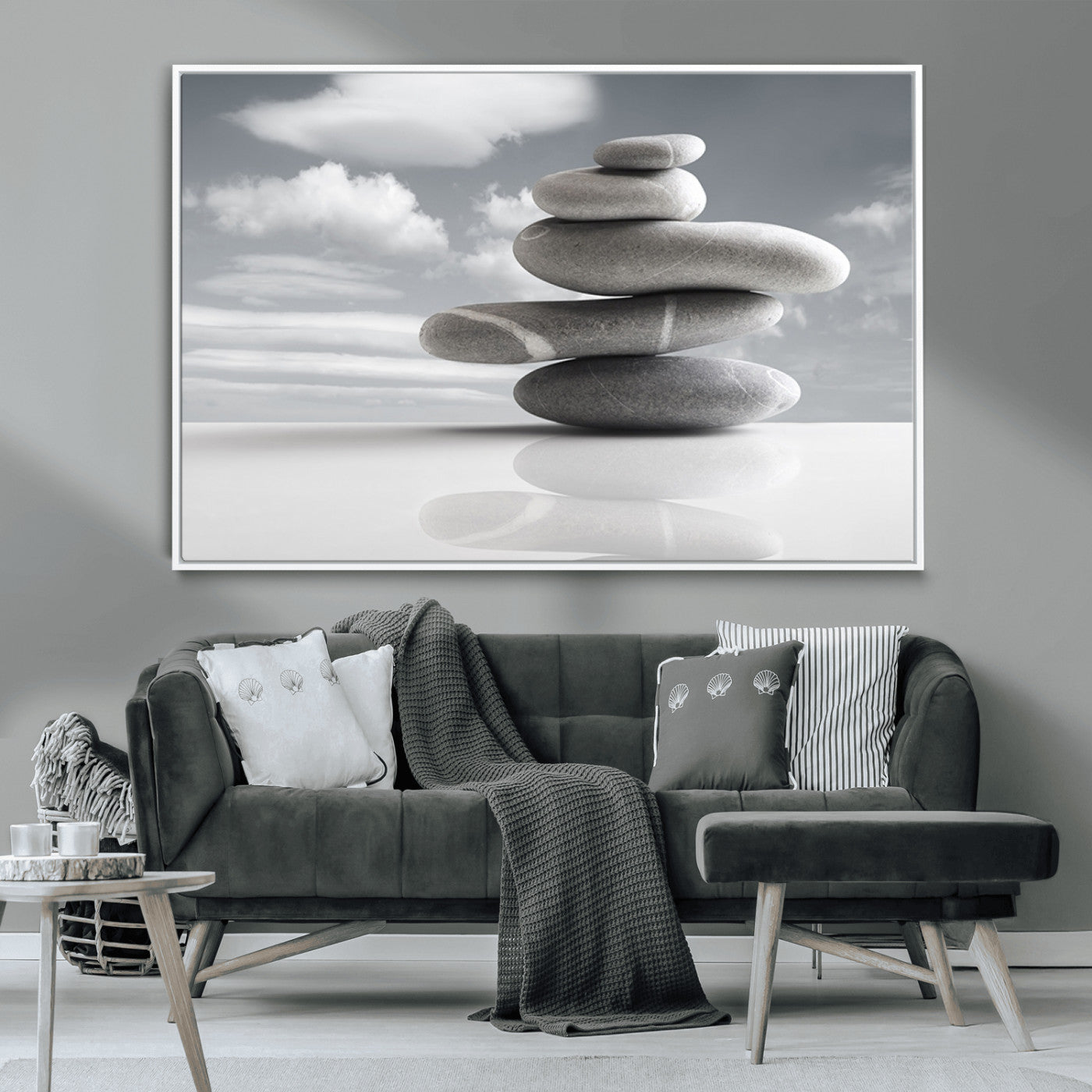 MGV-FC-36X24 - Still Life Black and White Zen Stones Wall Art Canvas, Framed Black and White Zen Stones Canvas