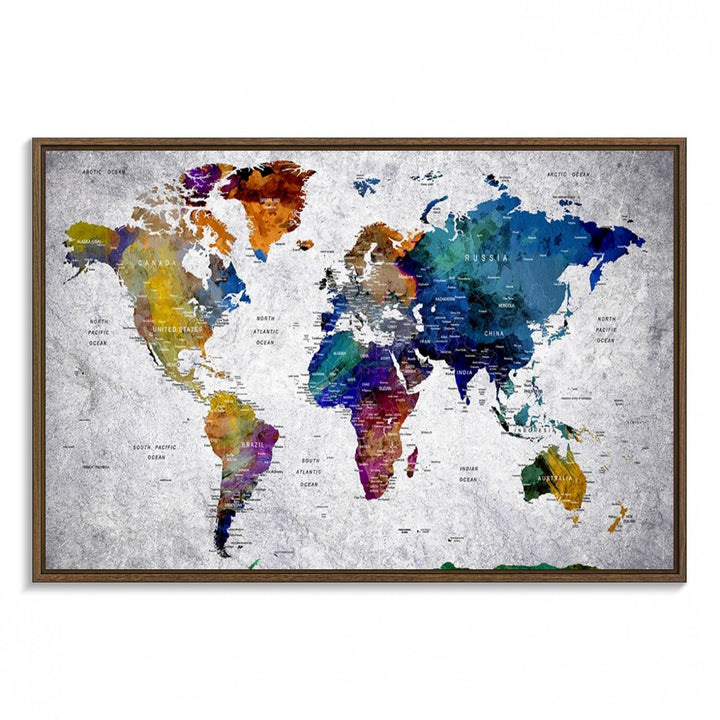 The World Map Art Canvas Print, featuring country names on a grunge-stained gray background, is perfect for stylish home decor.