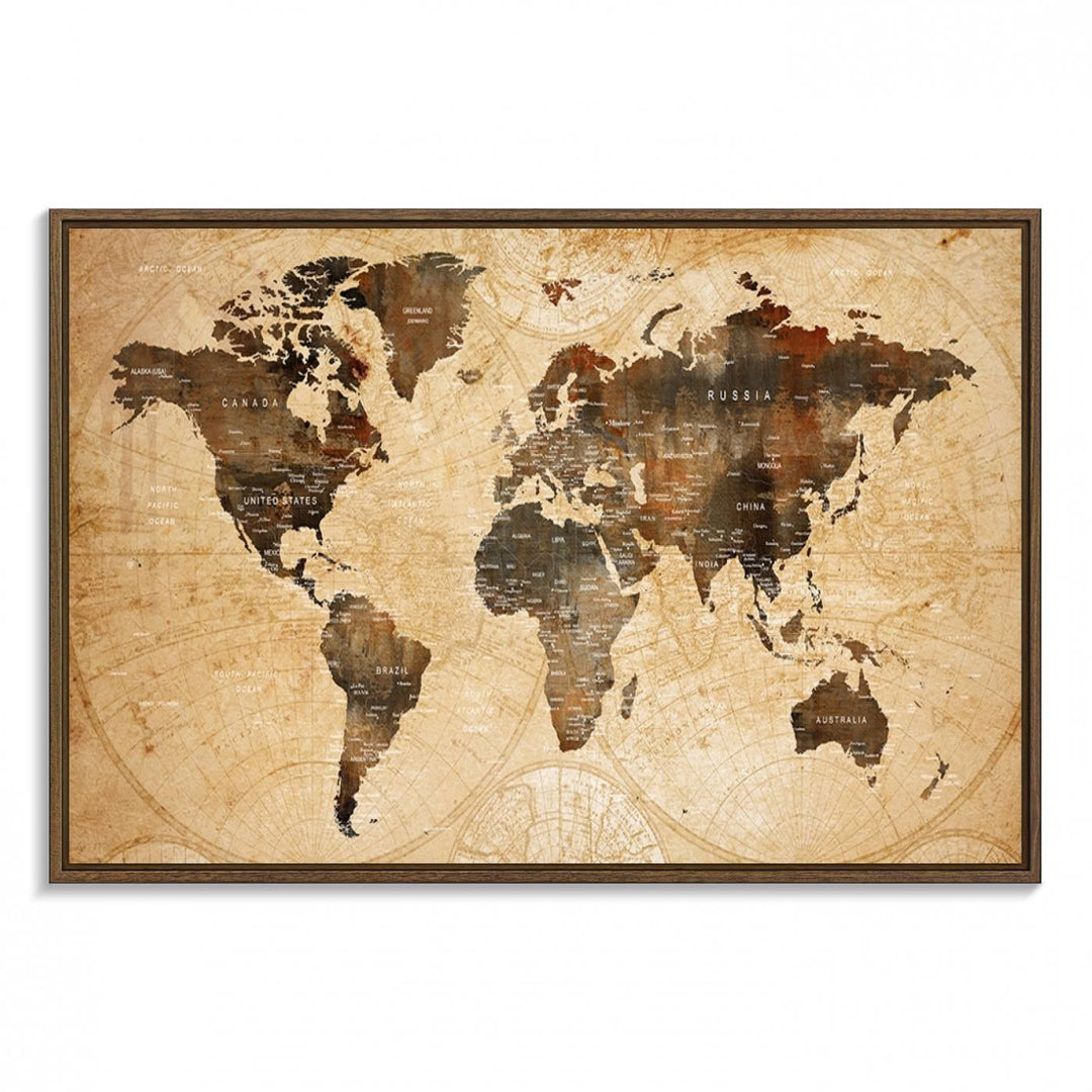 Vintage World Map Wall Art | 3 Panel Large Canvas Art | Antique World Map Canvas Print | Rustic Map Wall Art, Framed Gallery Wrapped