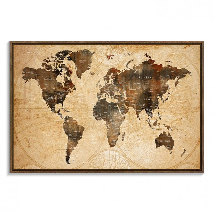 Vintage World Map Wall Art | 3 Panel Large Canvas Art | Antique World Map Canvas Print | Rustic Map Wall Art, Framed Gallery Wrapped
