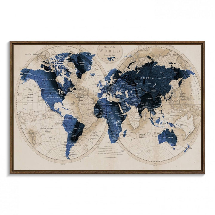 Vintage Triptych Map Print - Antique World Map Canvas Wall Art – Vintage Triptych Blue and Beige Map Print